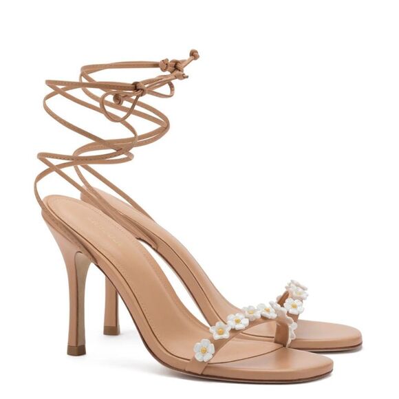 Larroude Shoes - Larroude Goldie Sandals high heels shoes Tan Leather lace up flowers Sz 8.5